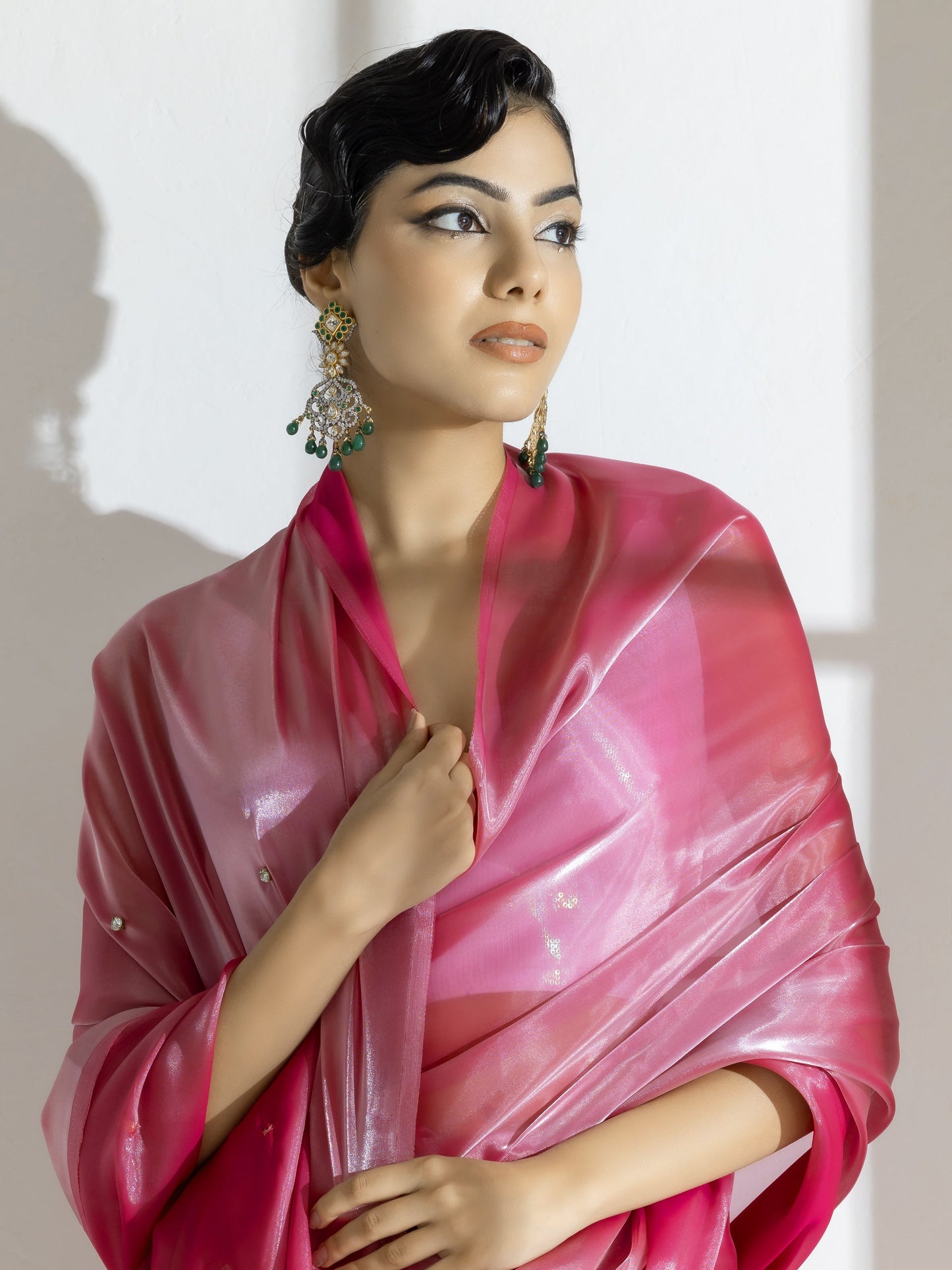 Dhiyona ST Pink Lotus Satin Organza Saree with Diamond Beads on Pallu