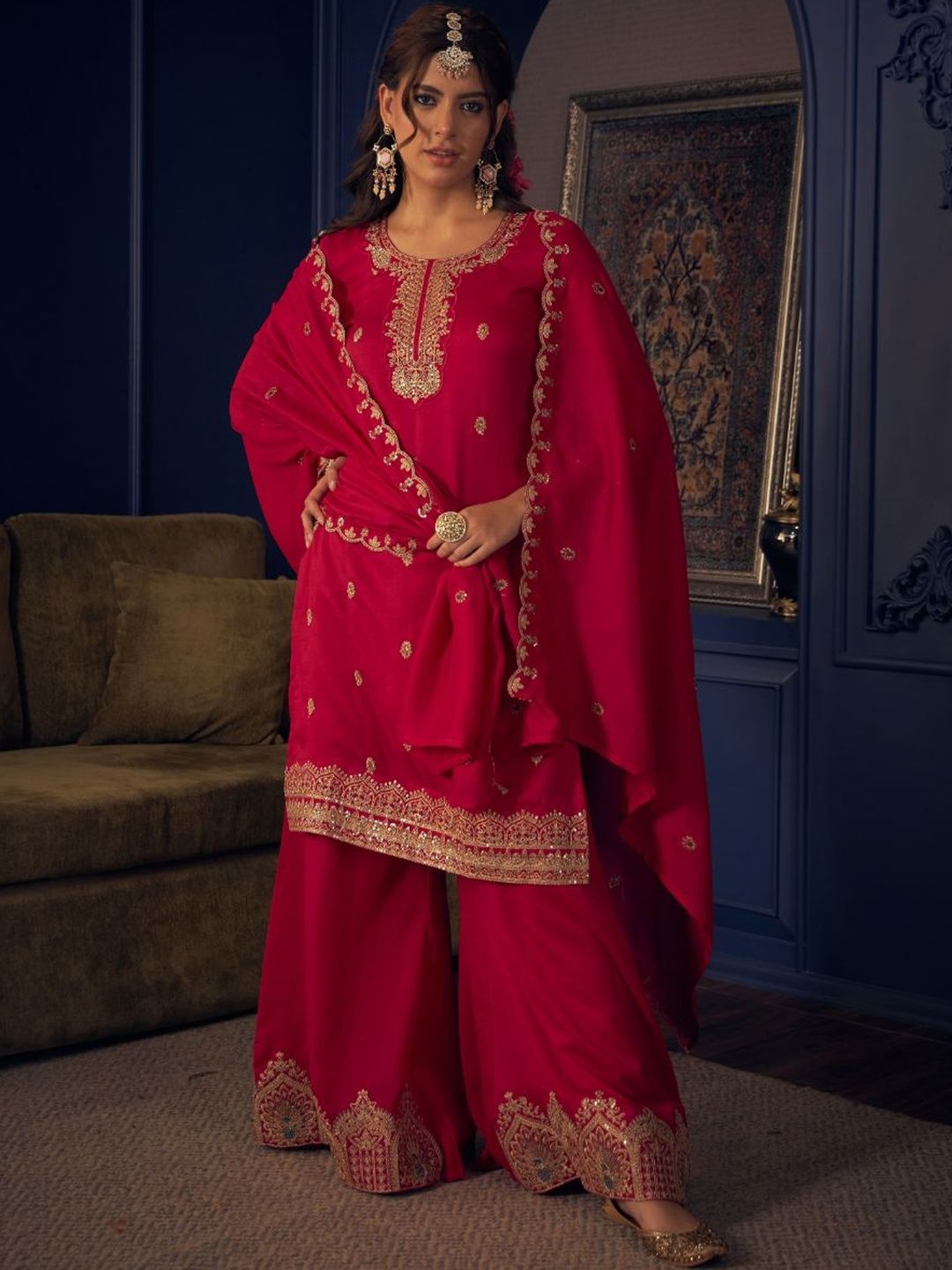 Dhiyona CH Floral Embroidered Straight Sequinned Kurta With Palazzos & Dupatta