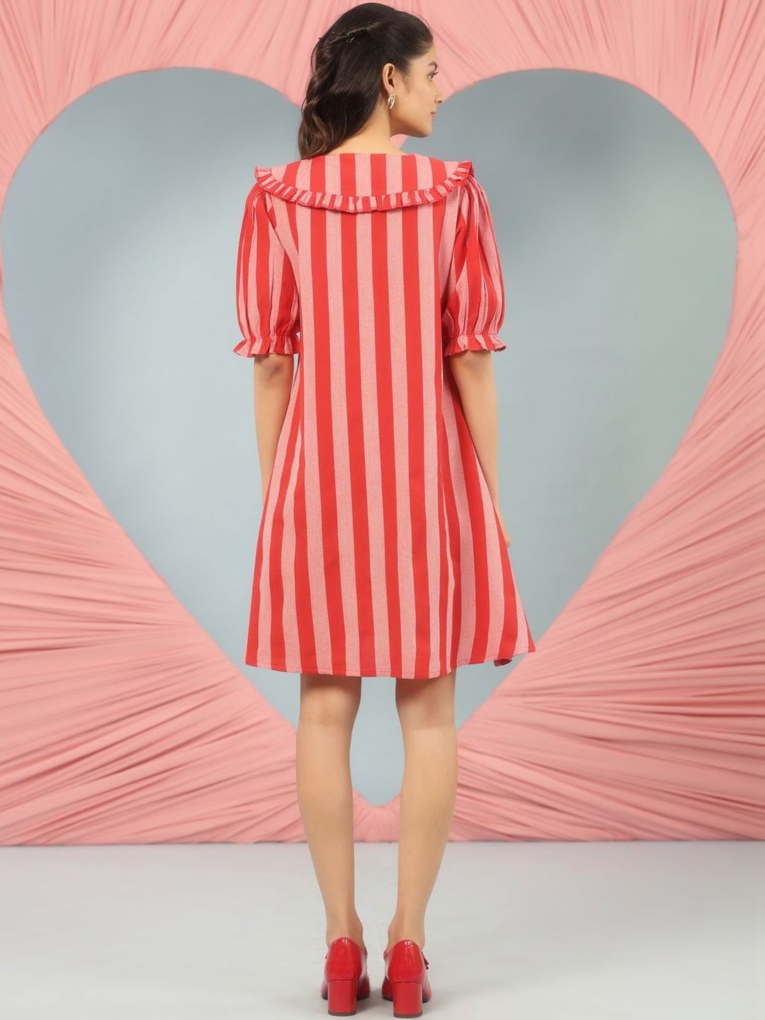 Dhiyona AY Women's Striped Puff Sleeve Ruffled A-Line Dress