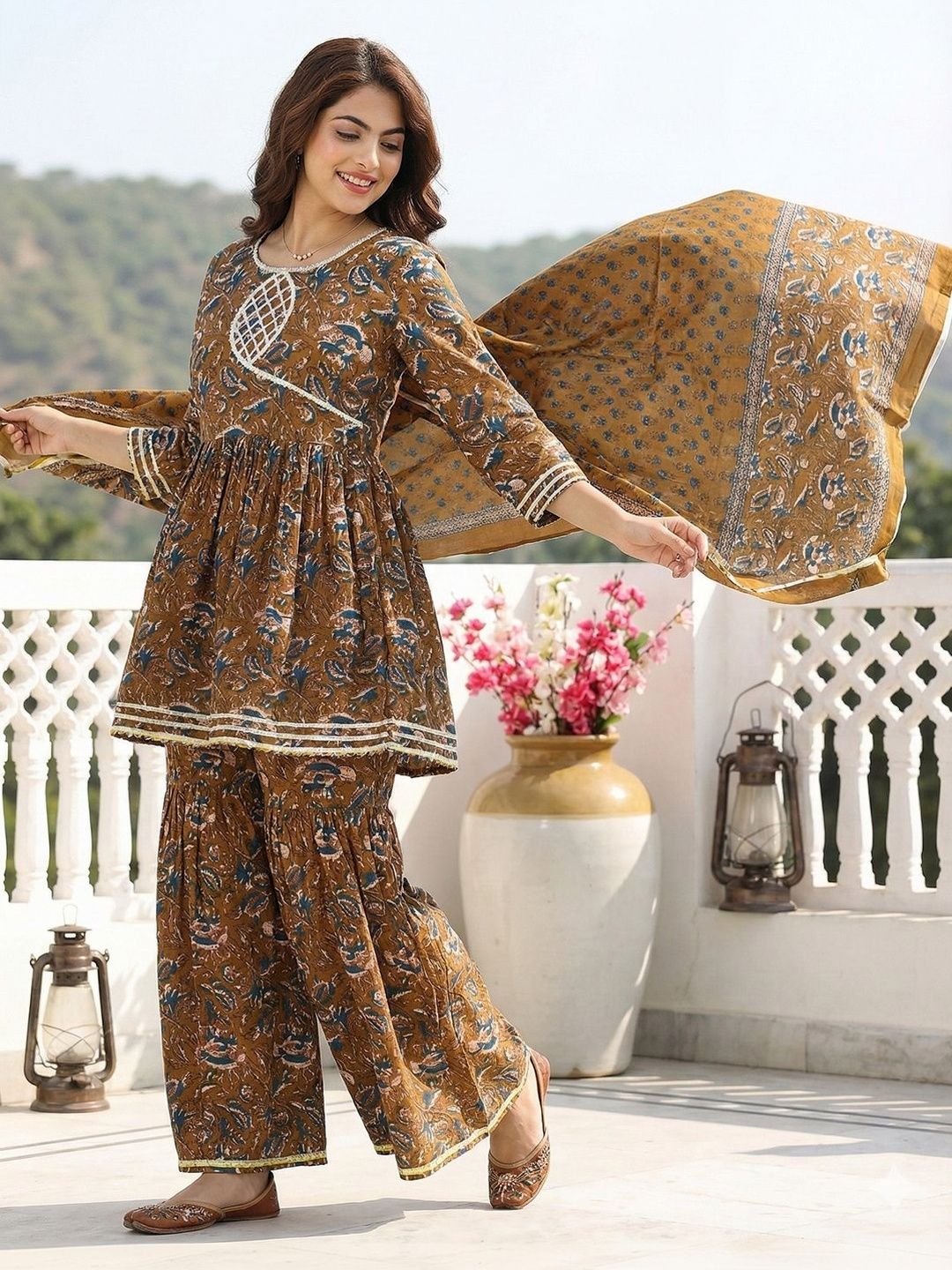 Dhiyona AN Women Floral Printed Angrakha Patchwork Pure Cotton Kurta with Sharara & With Dupatta