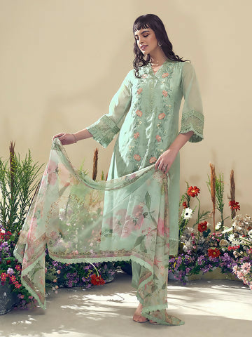 Women's Sea Green Embroidered Straight Kurta Trousers With Dupatta Set