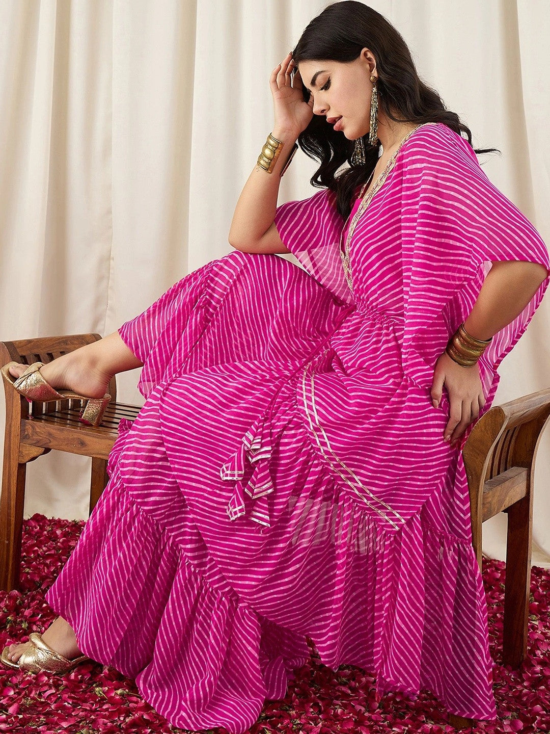 Women Striped Regular Thread Work Kurta with Sharara