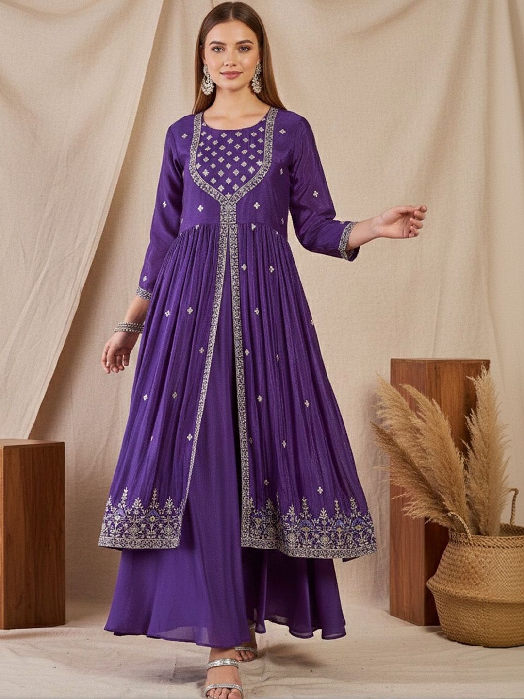 Dhiyona SN Embroidered Round Neck Kurta & Sharara Kurta Set