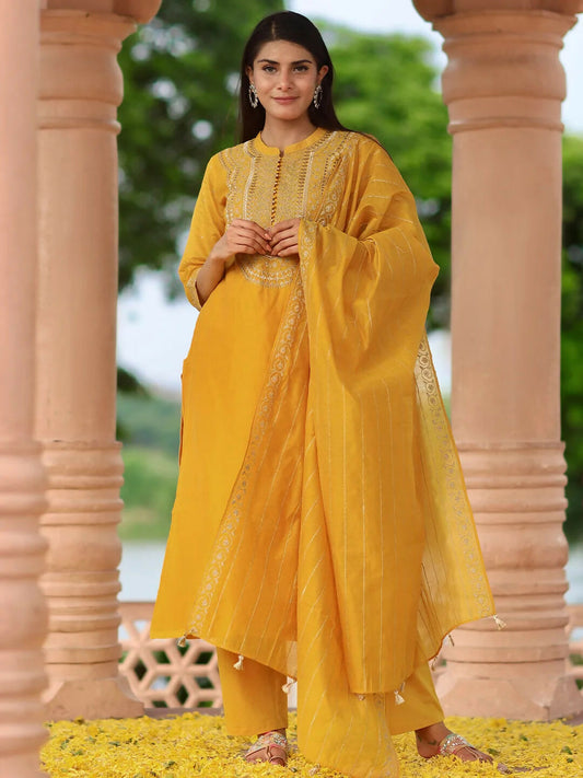 Women's LB Art Mustard Yoke Design Chanderi Silk Straight Suit With Dupatta