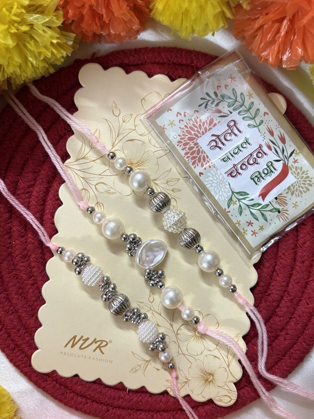 Dhiyona Set Of 3 White Pearls Thread Rakhi With Roli Chawal Chandan Mishri