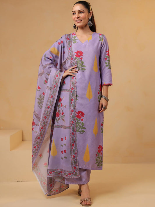 Dhiyona KL Women's Plus Size Lavender Rayon Blend Printed Straight Kurta Set With Dupatta