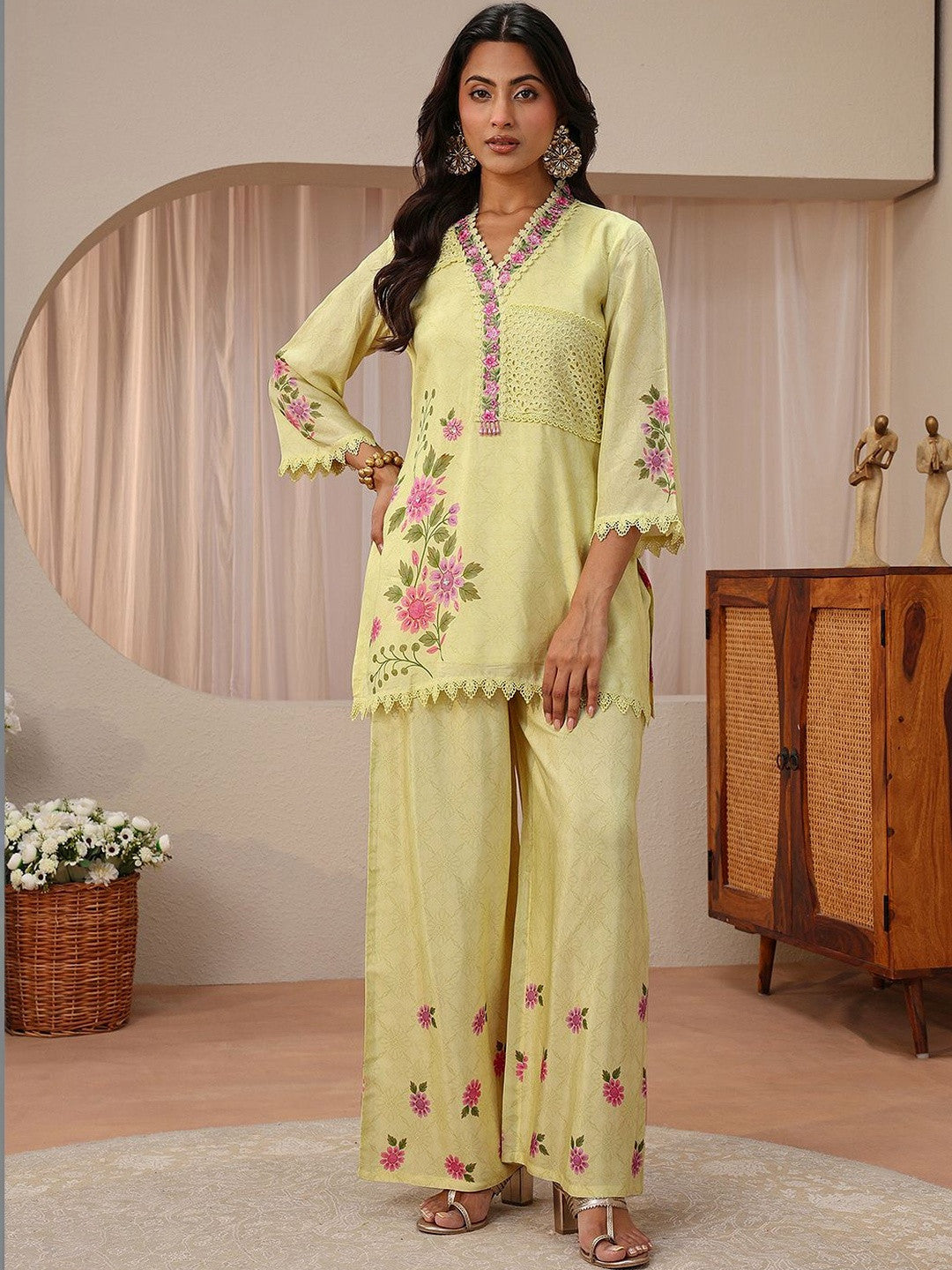 Lime Green Floral Printed Straight Kurta Set