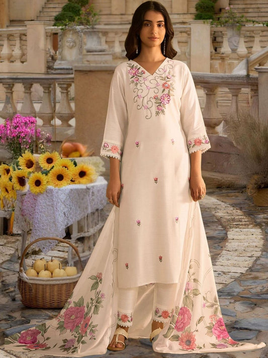 Women Floral Embroidered Regular Thread Work Kurta with Trousers & With Dupatta