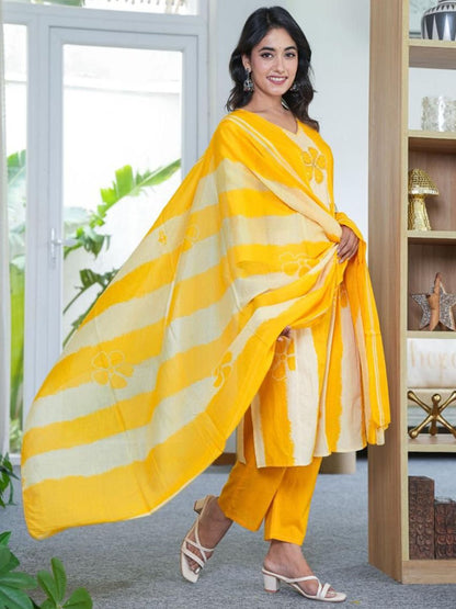 Dhiyona KL Women Striped Printed Regular Pure Cotton Kurta with Trousers & Dupatta
