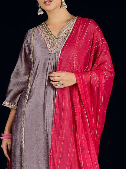 Dhiyona VA Floral Yoke Design A-Line Kurta With Palazzos & Dupatta
