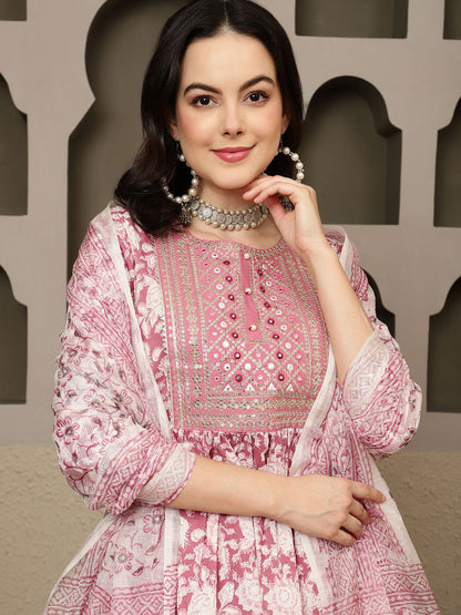 Mauve Floral Embroidered Pure Cotton Sequinned Kurta Kurta With Trousers & Dupatta