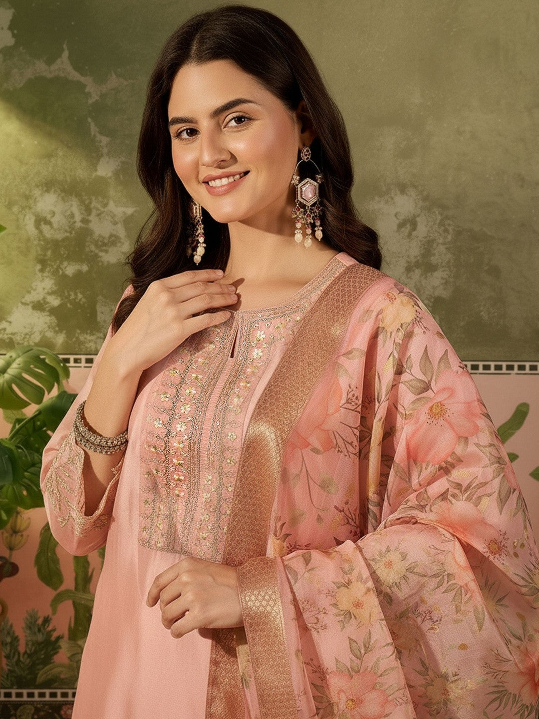 Embroidered Round Neck Kurta & Trousers With Dupatta