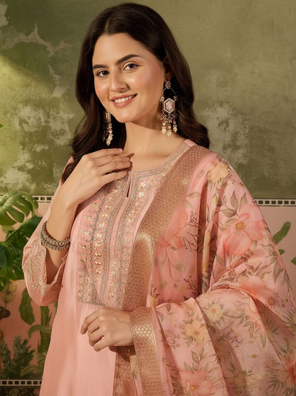 Embroidered Round Neck Kurta & Trousers With Dupatta