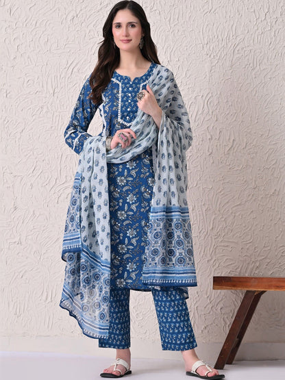 Women Floral Printed Regular Pure Cotton Kurta with Trousers & With Dupatta
