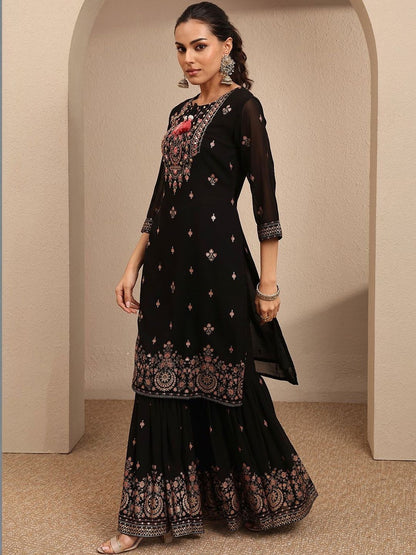 Dhiyona LL Women Ethnic Motifs Embroidered Regular Thread Work Kurta with Sharara & With Dupatta