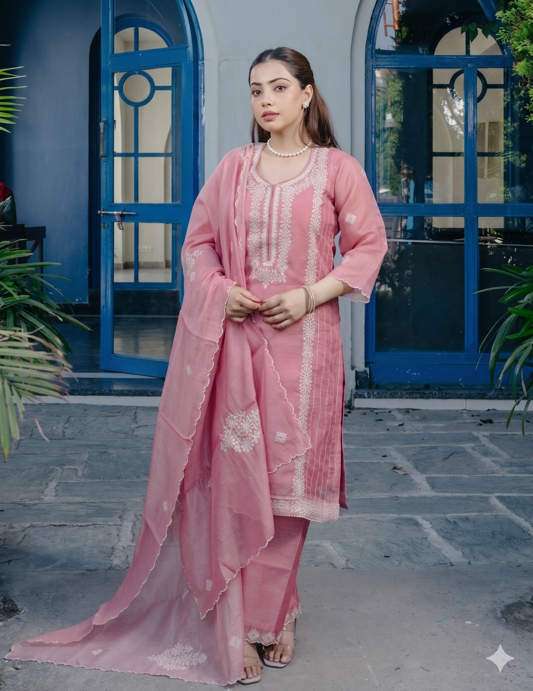 Noor mul chanderi embroidery peach suit set