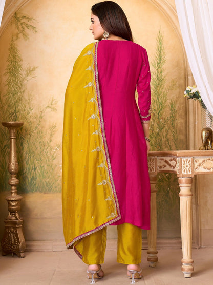 Embroidered V-Neck Kurta & Trousers With Dupatta