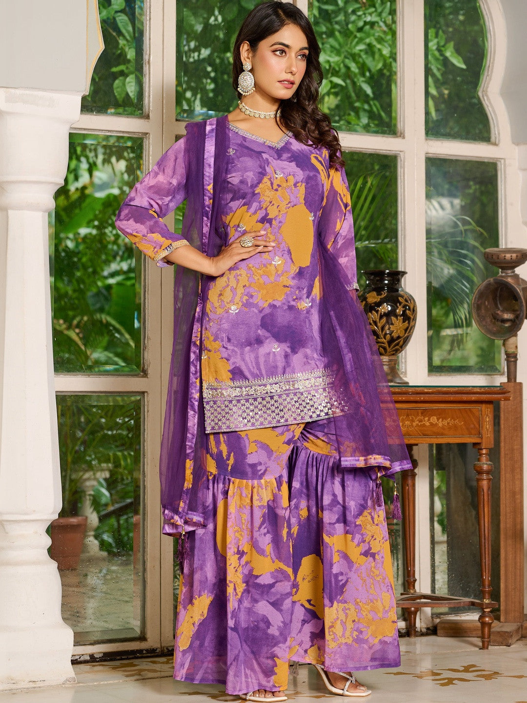 Women Dyed Regular Thread Work Kurta with Sharara & With Dupatta