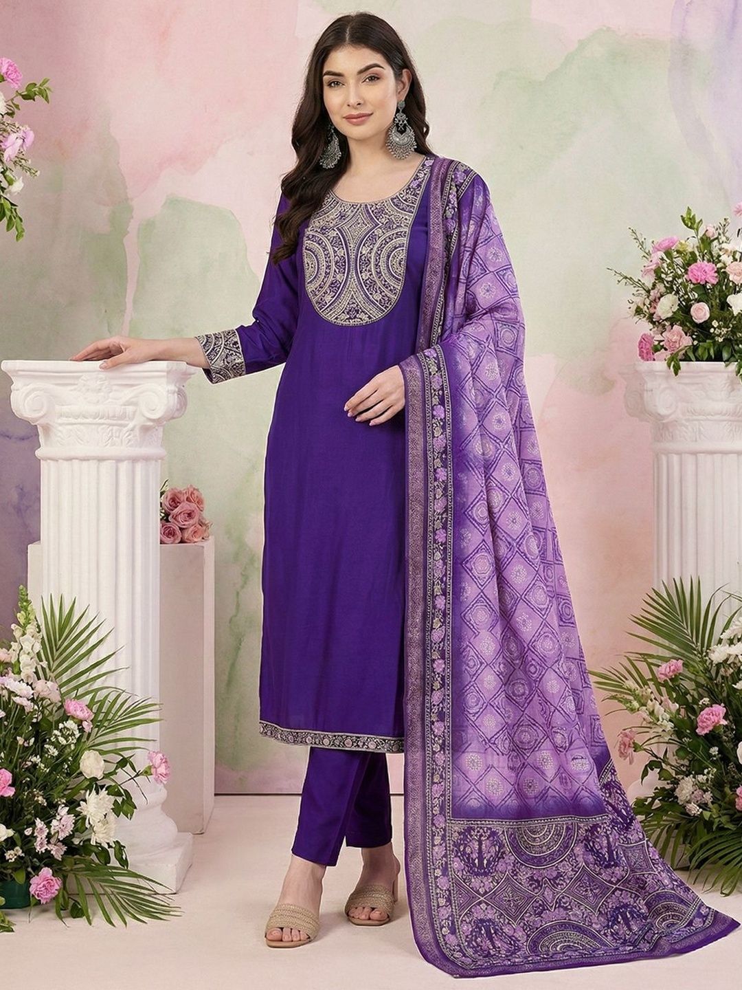 Dhiyona CH Women Ethnic Motifs Embroidered Regular Thread Work Kurta with Trousers & With Dupatta
