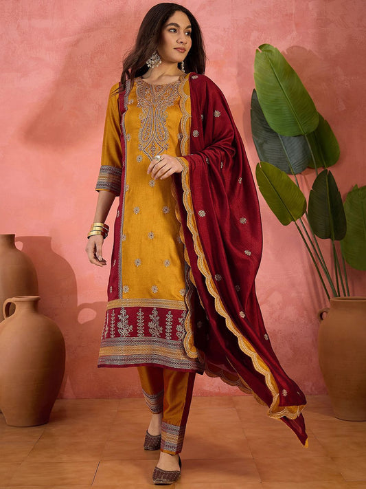 Dhiyona SN Vichitra Zari Sequence Embroidered Kurta With Trousers & Dupatta