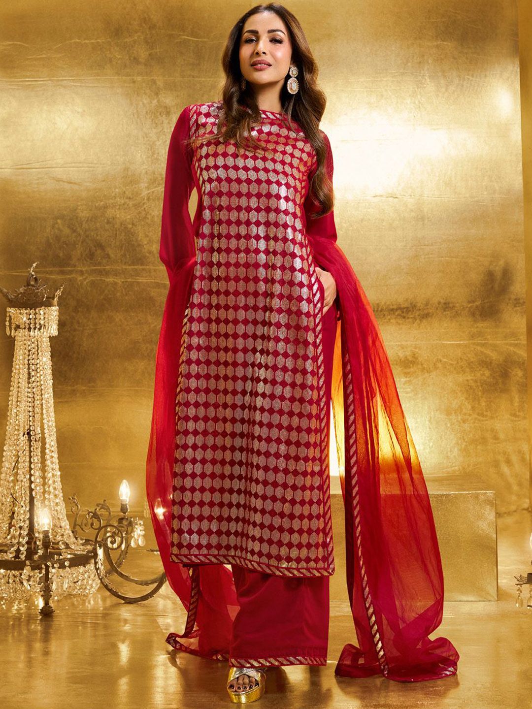 Dhiyona IN Women Embroidered High Slit Sequinned Kurta with Palazzos & Dupatta