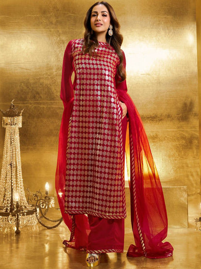Dhiyona IN Women Embroidered High Slit Sequinned Kurta with Palazzos & Dupatta
