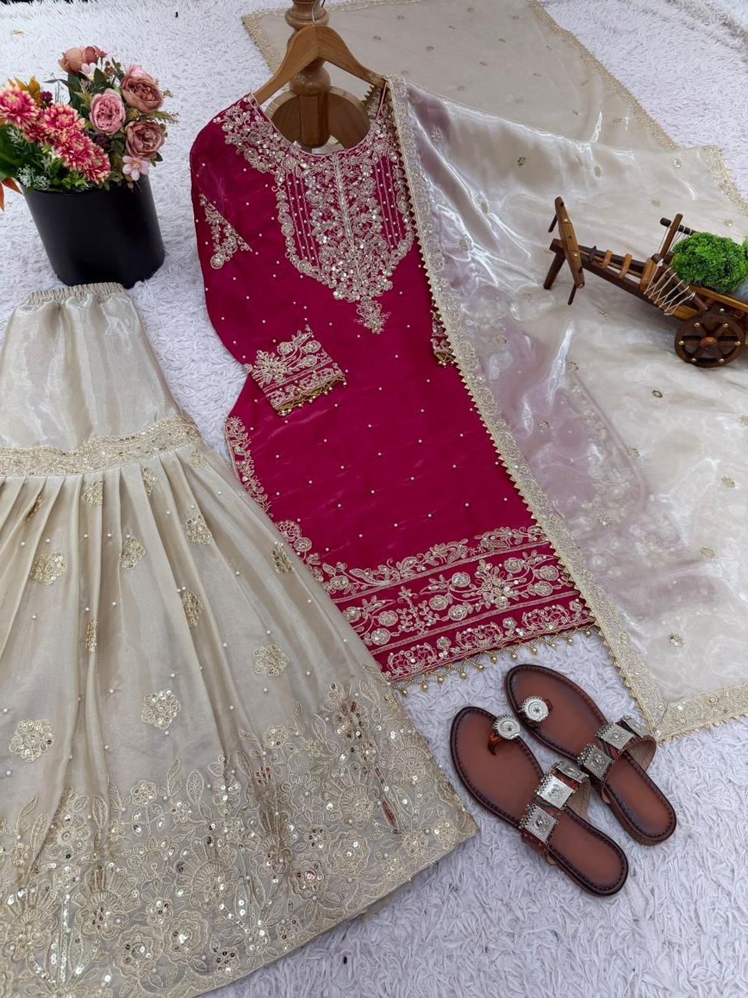 Dhiyona KL Ethnic Motifs Embroidered Round Neck Thread Work Kurta With Sharara & Dupatta