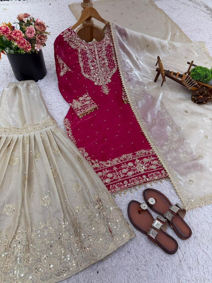 Dhiyona KL Ethnic Motifs Embroidered Round Neck Thread Work Kurta With Sharara & Dupatta