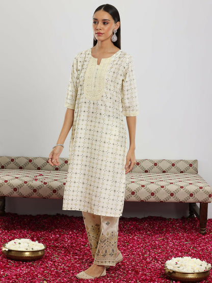 Women's LB Off White Printed Silk Blend Straight Suit With Dupatta