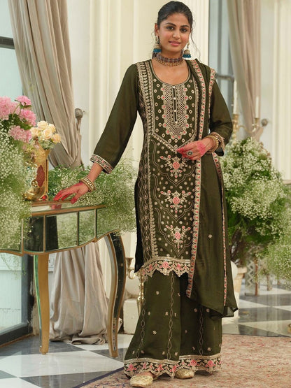 Dhiyona IE Women Ethnic Motifs Embroidered Regular Thread Work Kurta with Palazzos & With Dupatta