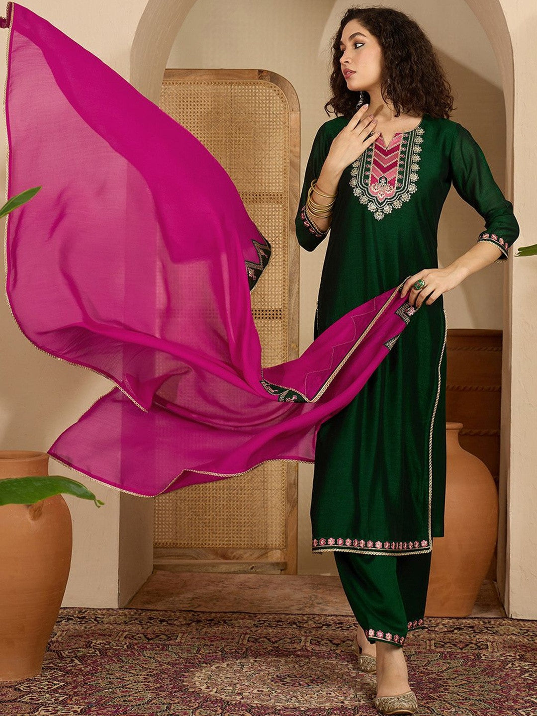 Embroidered Sequence Kurta & Trousers with Dupatta Set