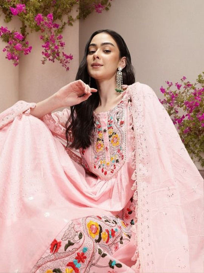 Dhiyona IS Women's Women Floral Embroidered Regular Pure Cotton Kurta with Trousers & Dupatta