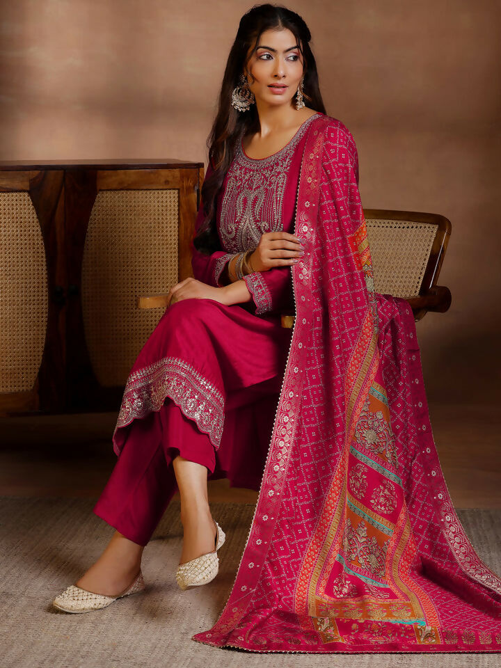 Women's LB Red Embroidered Silk Blend Straight Suits With Dupatta