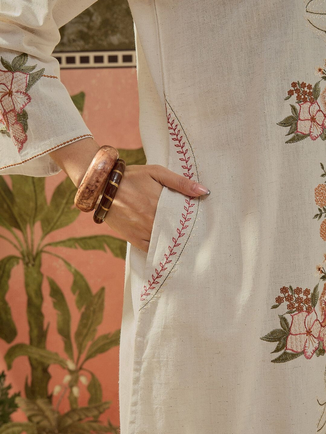 Embroidered Off White Cotton Blend Kurta Set