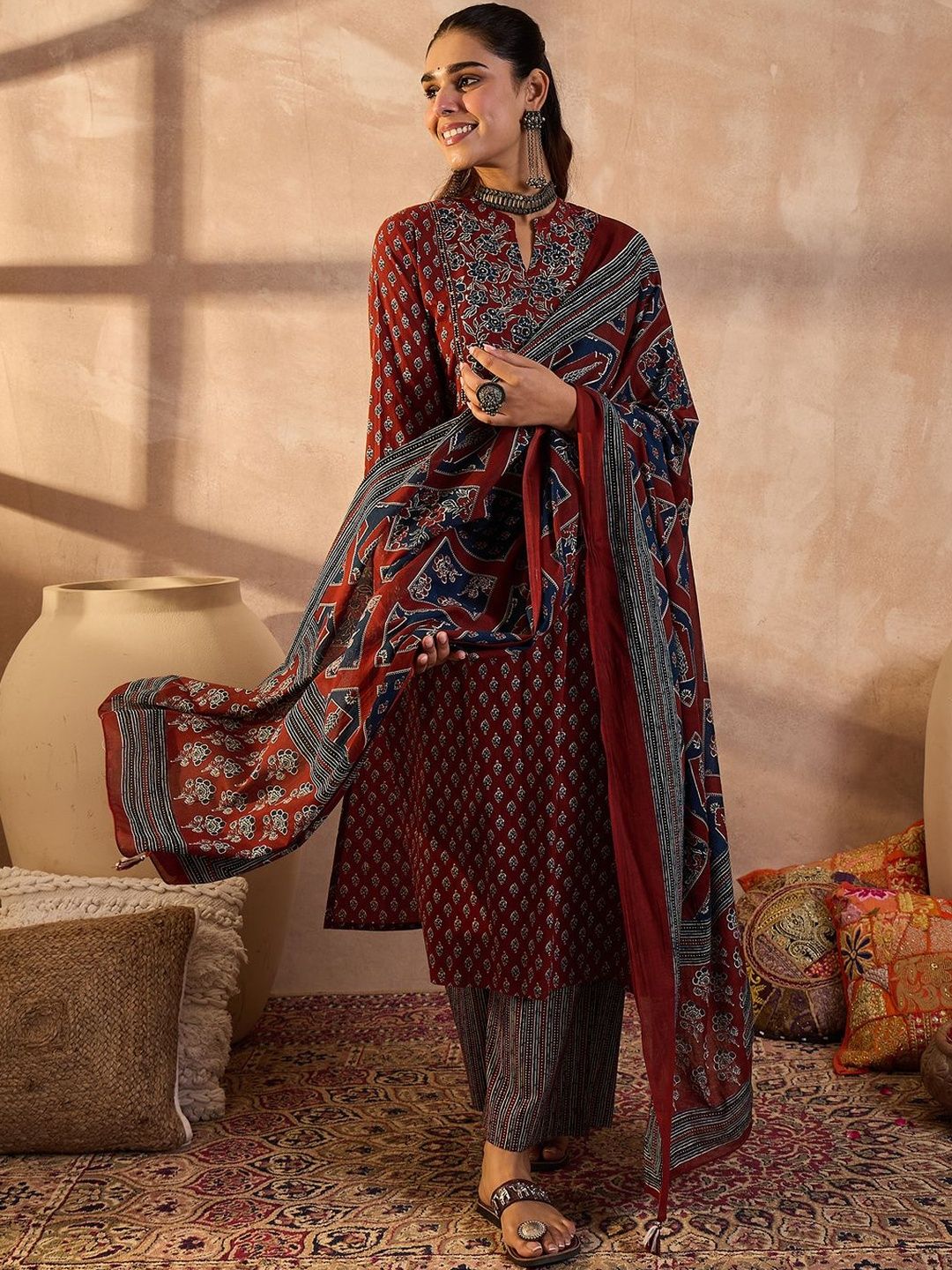 Dhiyona IE Women Floral Printed Cotton Kurta with Trousers & Dupatta