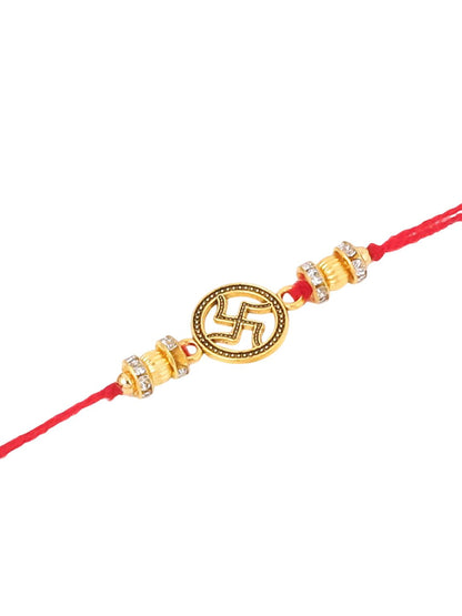 Dhiyona Set Of 2 Stones Studded Swastik Design Thread Rakhis & Roli Chawal Chandan