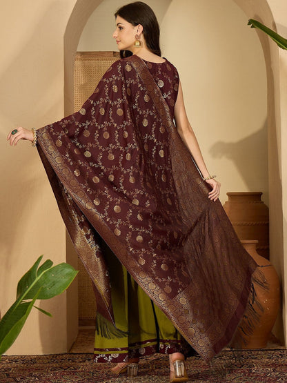 Floral Woven Design Winter Pashmina V-Neck Zari Work Kurta With Palazzo & Dupatta