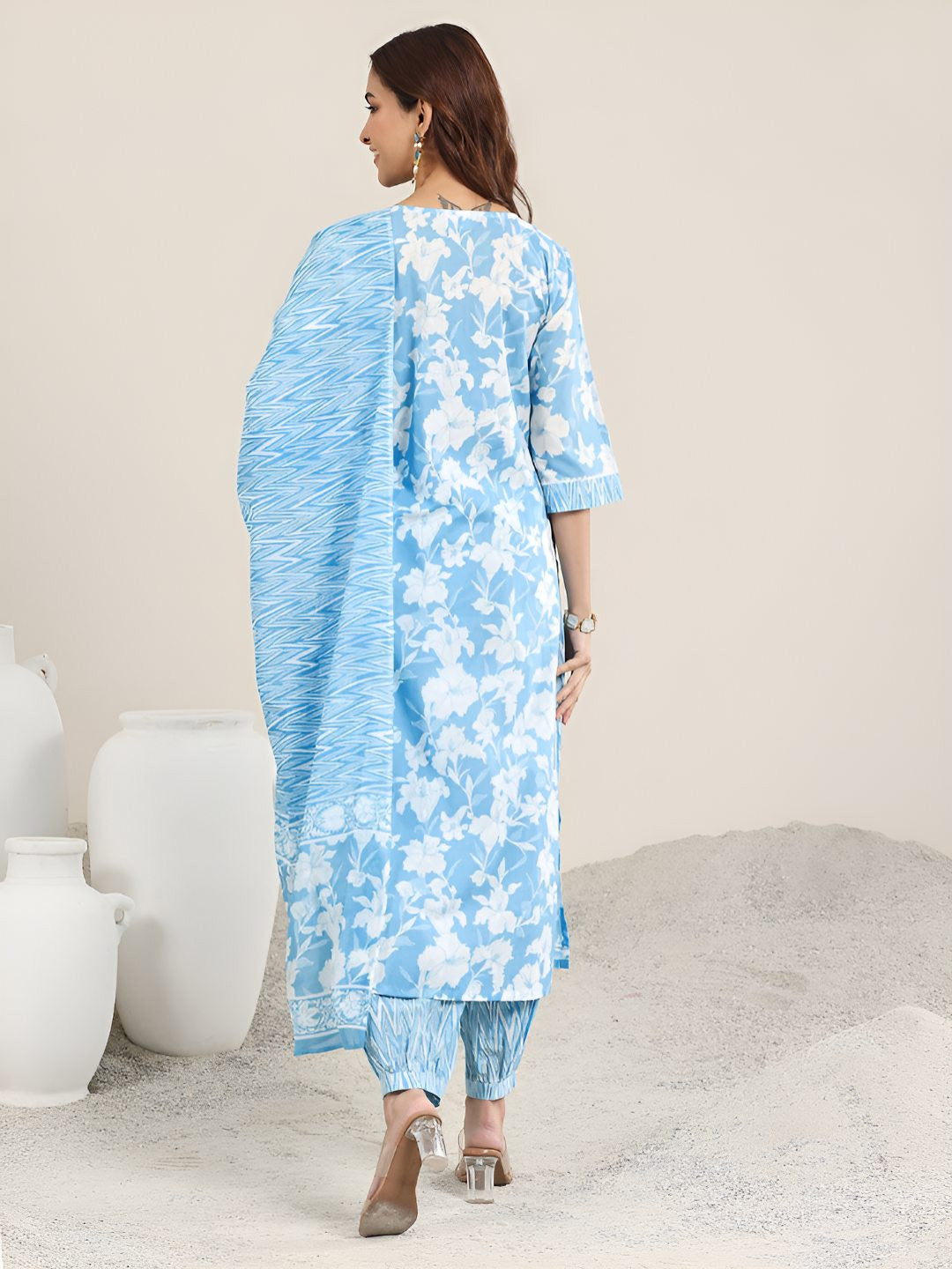 Floral Printed Straight KurtaWwith Harem Pants & Dupatta
