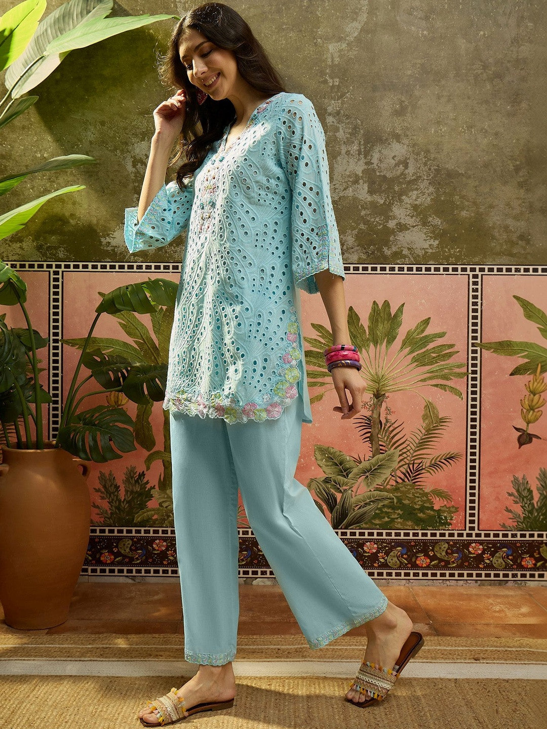 Embroidered Pure Cotton V-Neck Kurti & Trousers