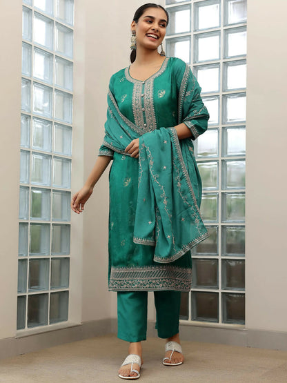 Women's LB Turquoise Woven Design Silk Blend Straight Suit With Dupatta