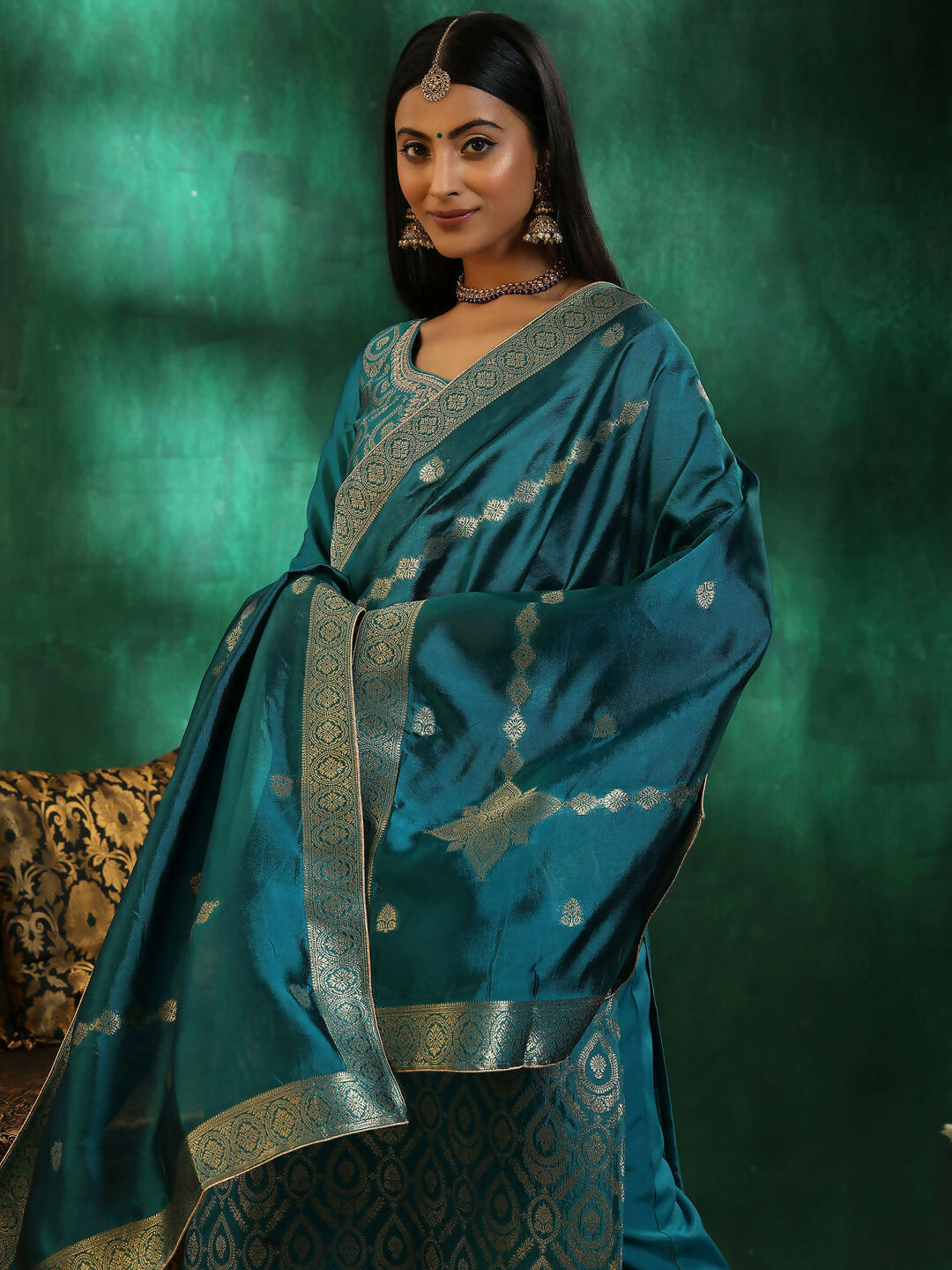 Women's LB Rama Green Woven Design Silk Blend Straight Suit With Dupatta