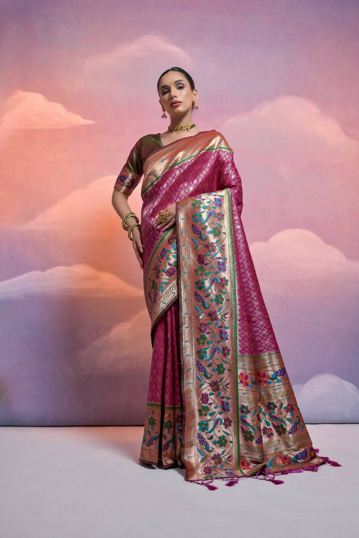 Women Paithani Vani Wine Saree With Unstiched Blouse