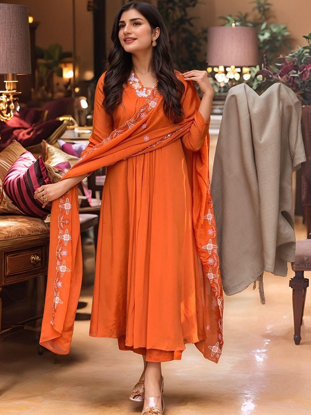 Dhiyona KL Women Orange Rayon Blend Embroidered Anarkali Kurta Set With Dupatta