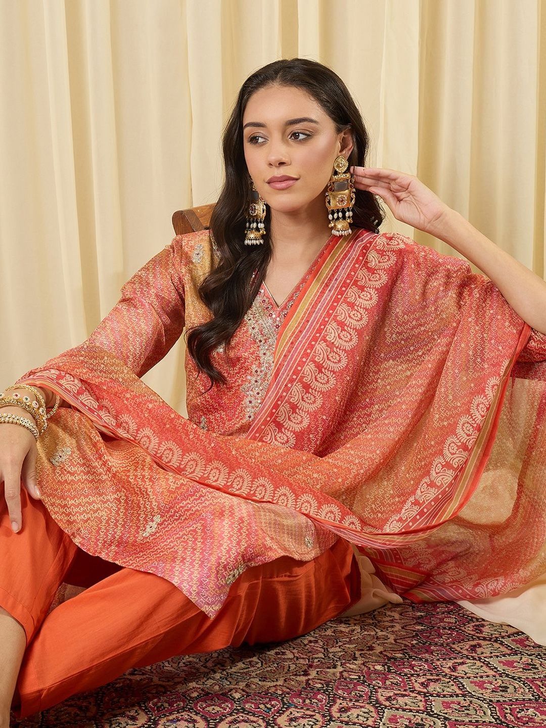 Women Ethnic Motifs Regular Thread Work Kurta with Trousers & With Dupatta