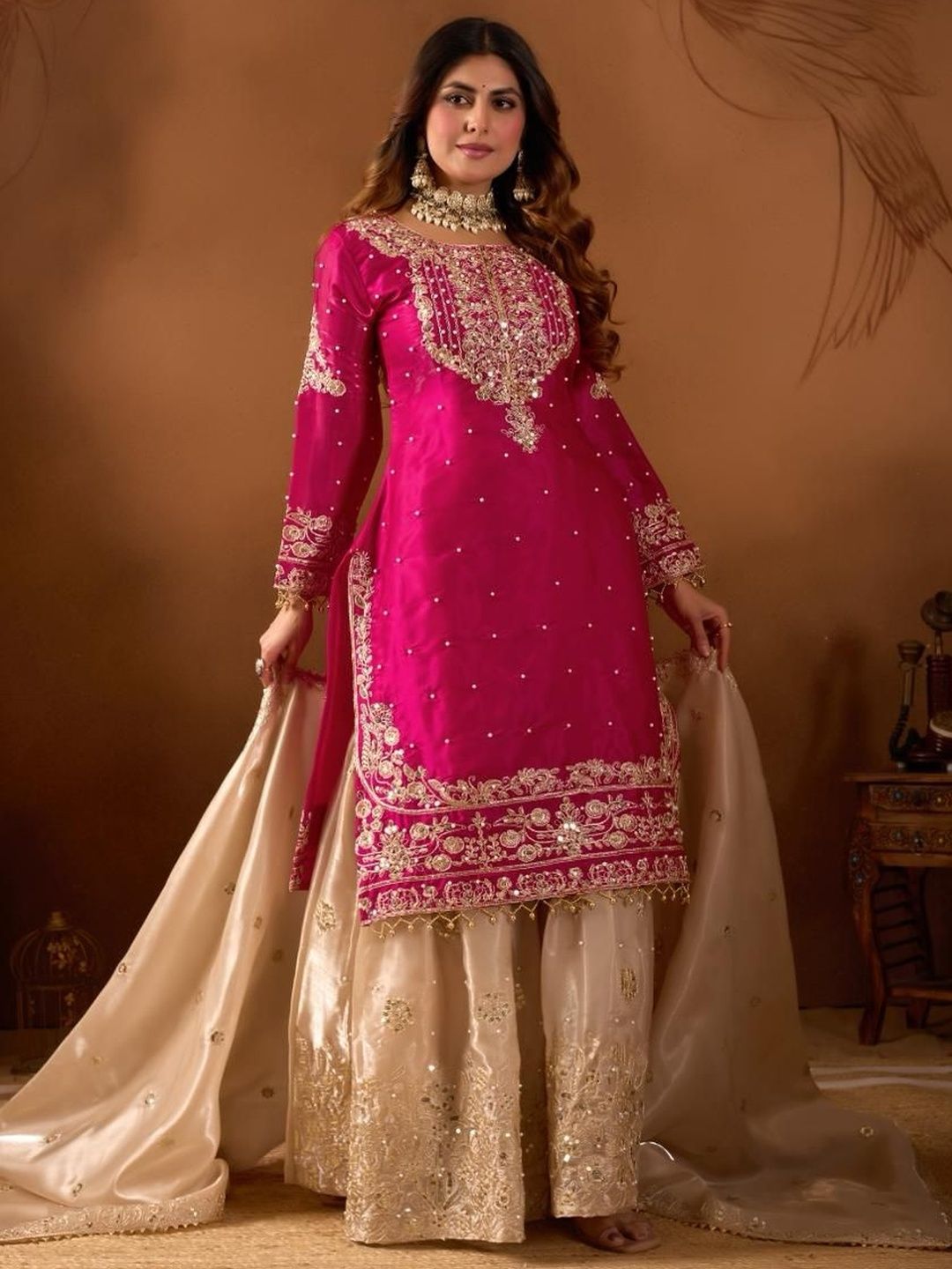Dhiyona KL Women Ethnic Motifs Embroidered Regular Sequinned Kurta with Sharara & With Dupatta