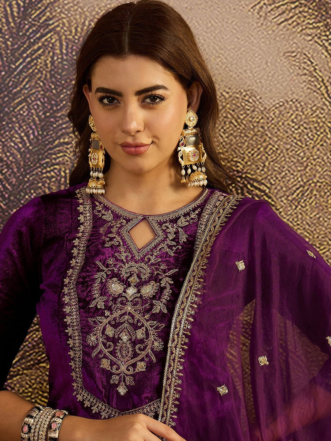 Zari Sequence Cording Embroidered Velvet Kurta with Trousers & Dupatta Set