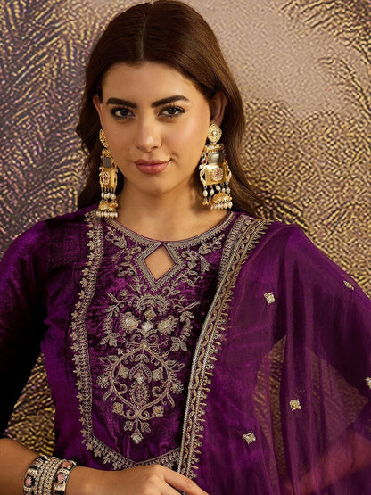 Zari Sequence Cording Embroidered Velvet Kurta with Trousers & Dupatta Set