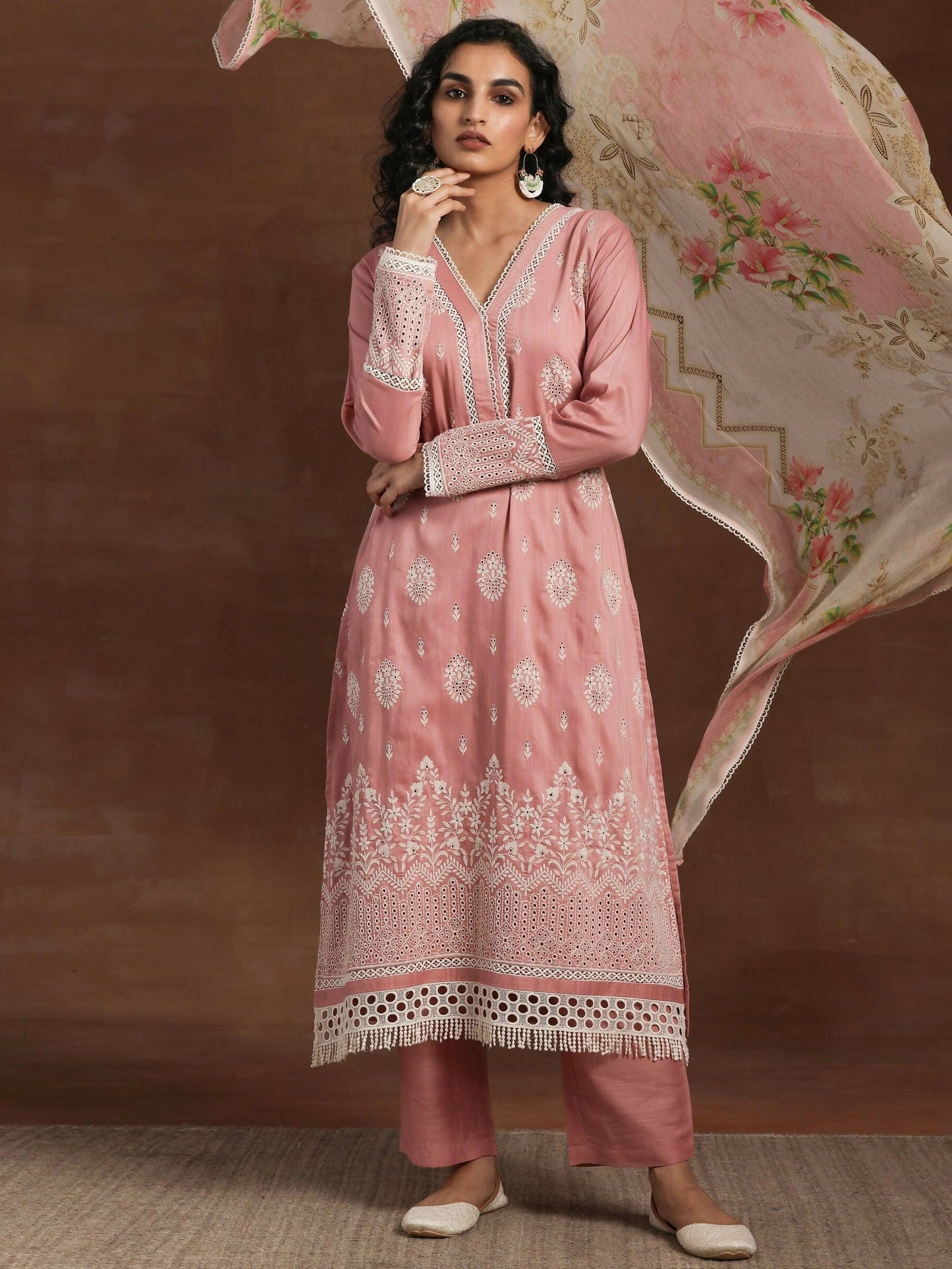 Women's LB Pink Embroidered Silk Blend Straight Suit With Dupatta