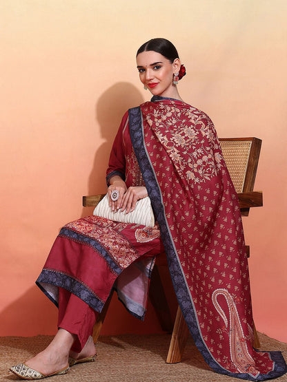 Dhiyona IS Women's Ethnic Motifs Printed Tie-Up Neck Straight Kurta With Trousers & Dupatta