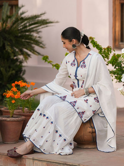 Dhiyona SC Women Embroidered Thread Work Pure Cotton Kurti with Sharara & With Dupatta